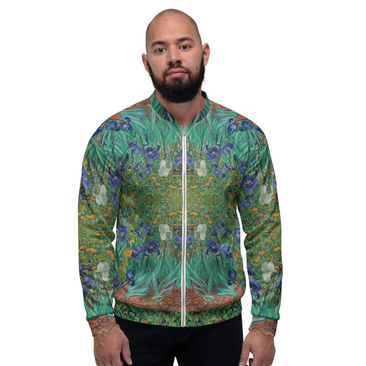 Van Gogh Irises bomber jacket front detail - museum quality art print