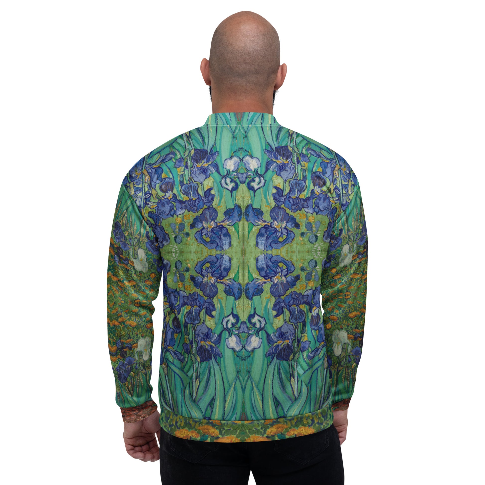 Van Gogh Irises bomber jacket full view - sustainable wearable art