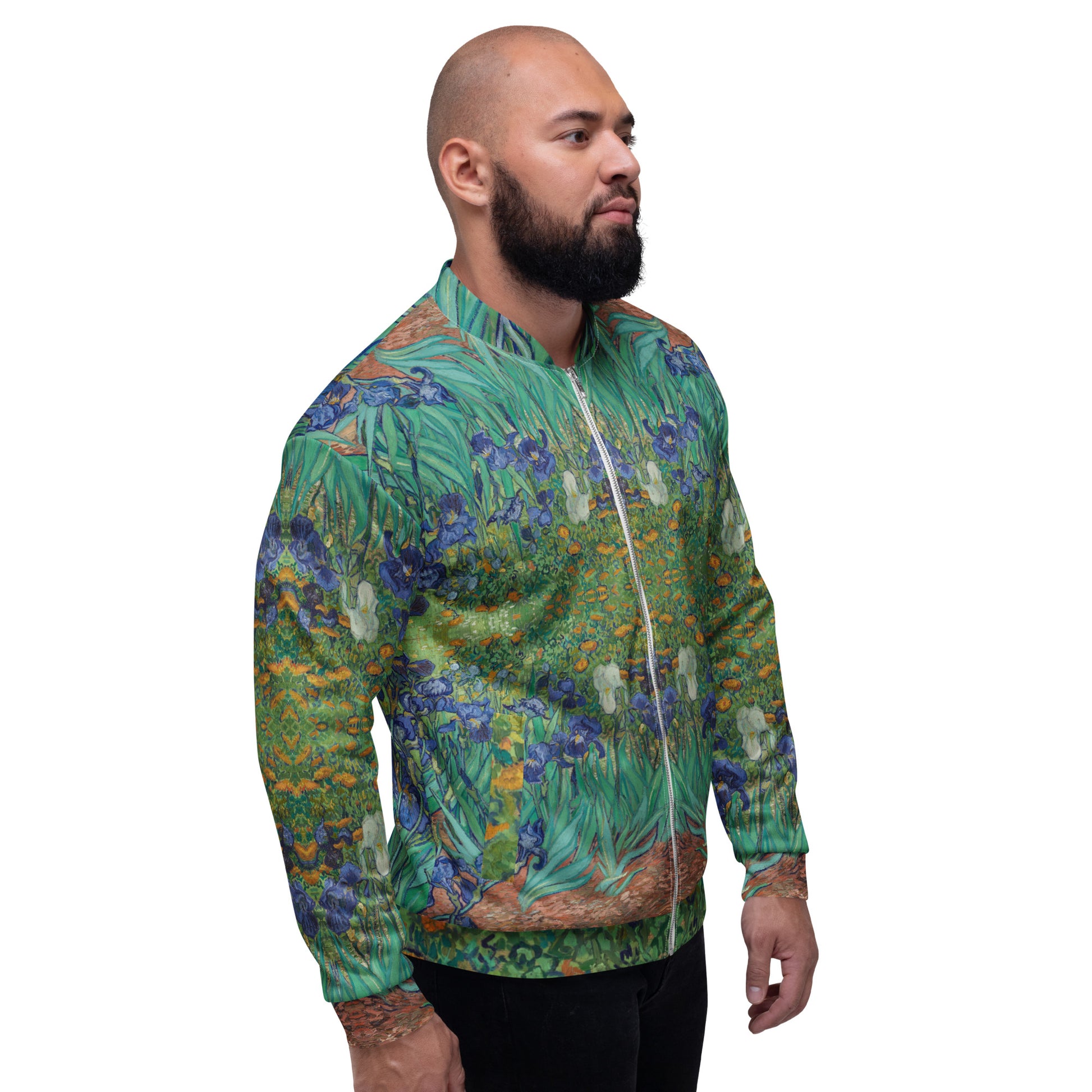 Van Gogh Irises bomber jacket front close-up - lightweight unisex jacket