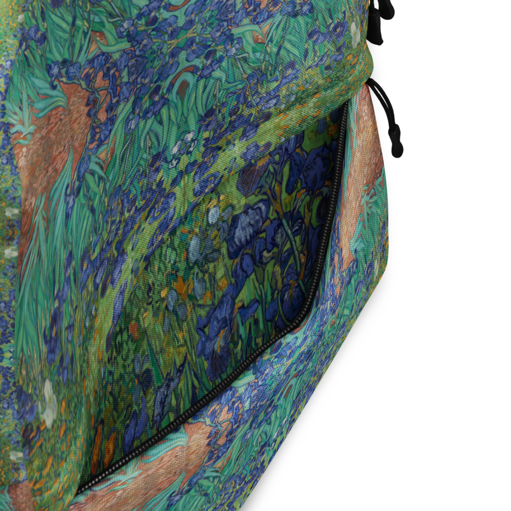 Van Gogh Irises backpack features detail - water-resistant travel backpack