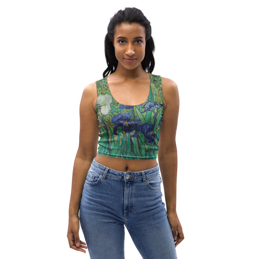 Van Gogh Irises crop top front view - wearable art activewear for yoga and gym"t mockup