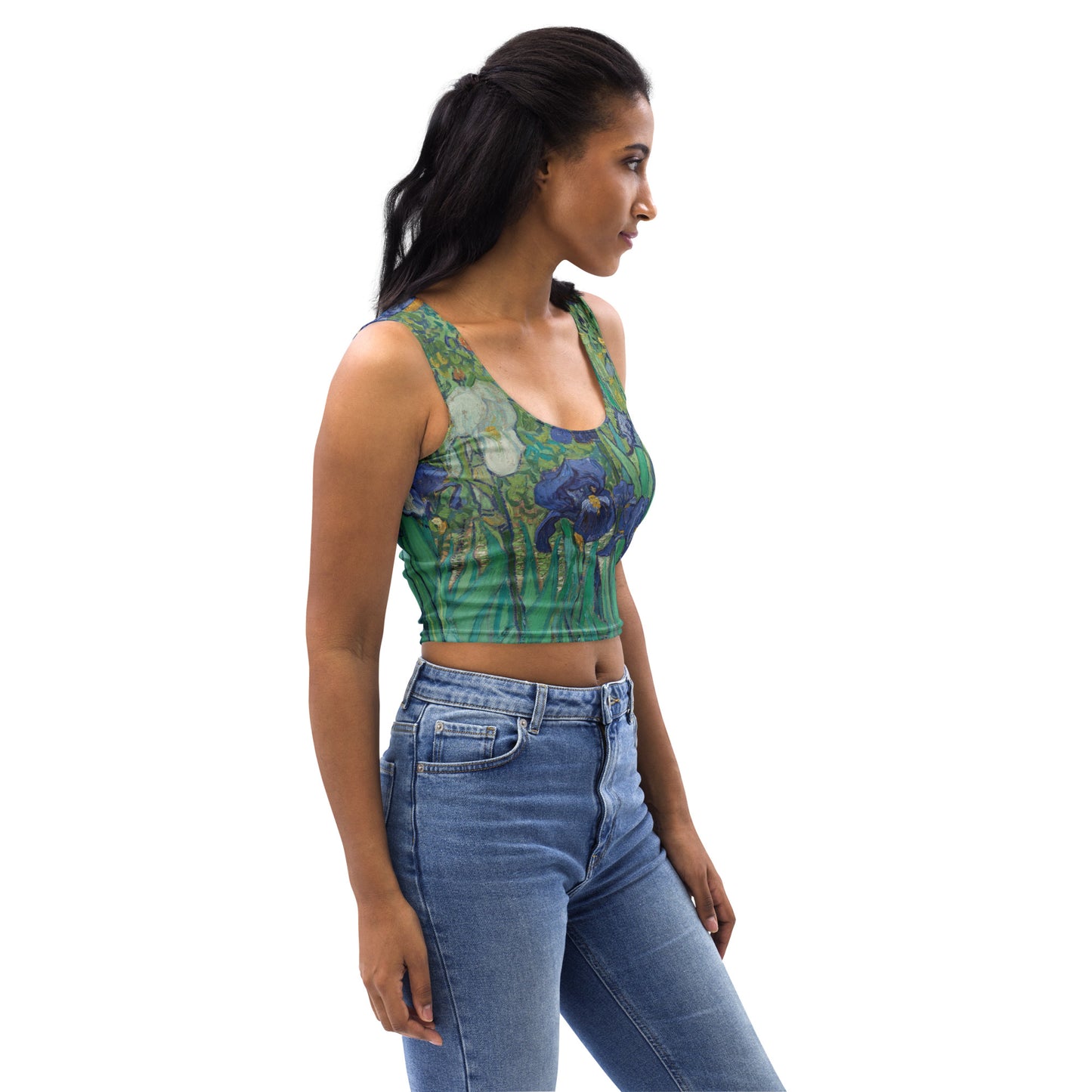 Van Gogh Irises crop top right side view - sustainable wearable art