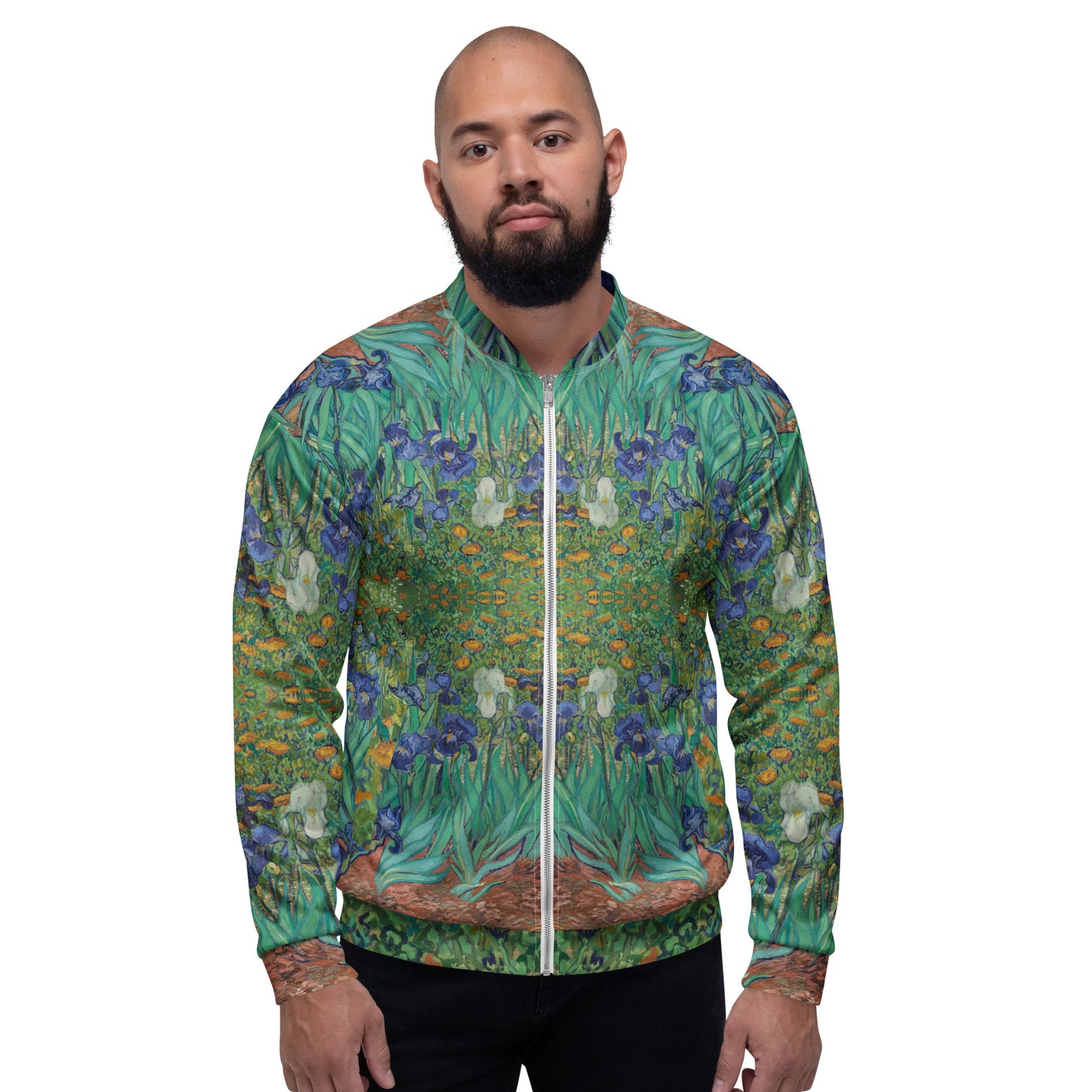 Van Gogh Irises bomber jacket front detail - museum quality art print