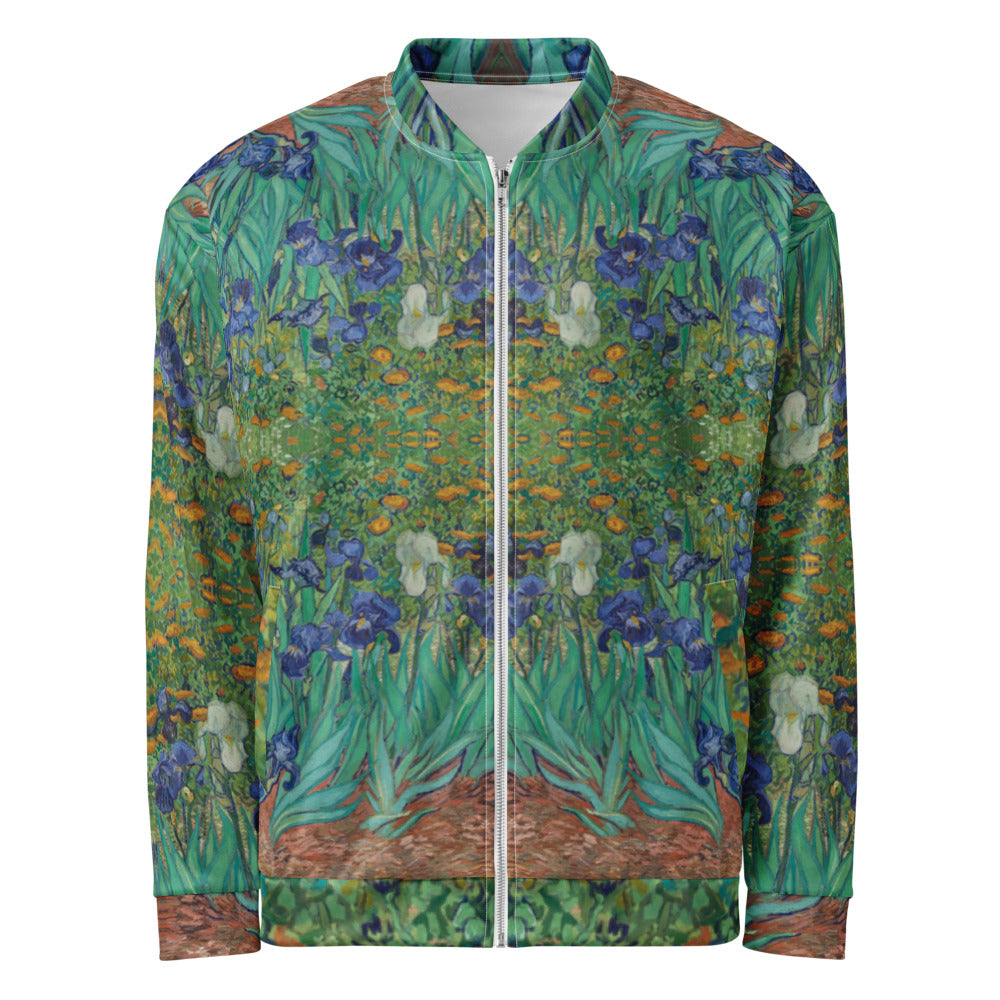 Van Gogh Irises bomber jacket front lifestyle - wearable museum art