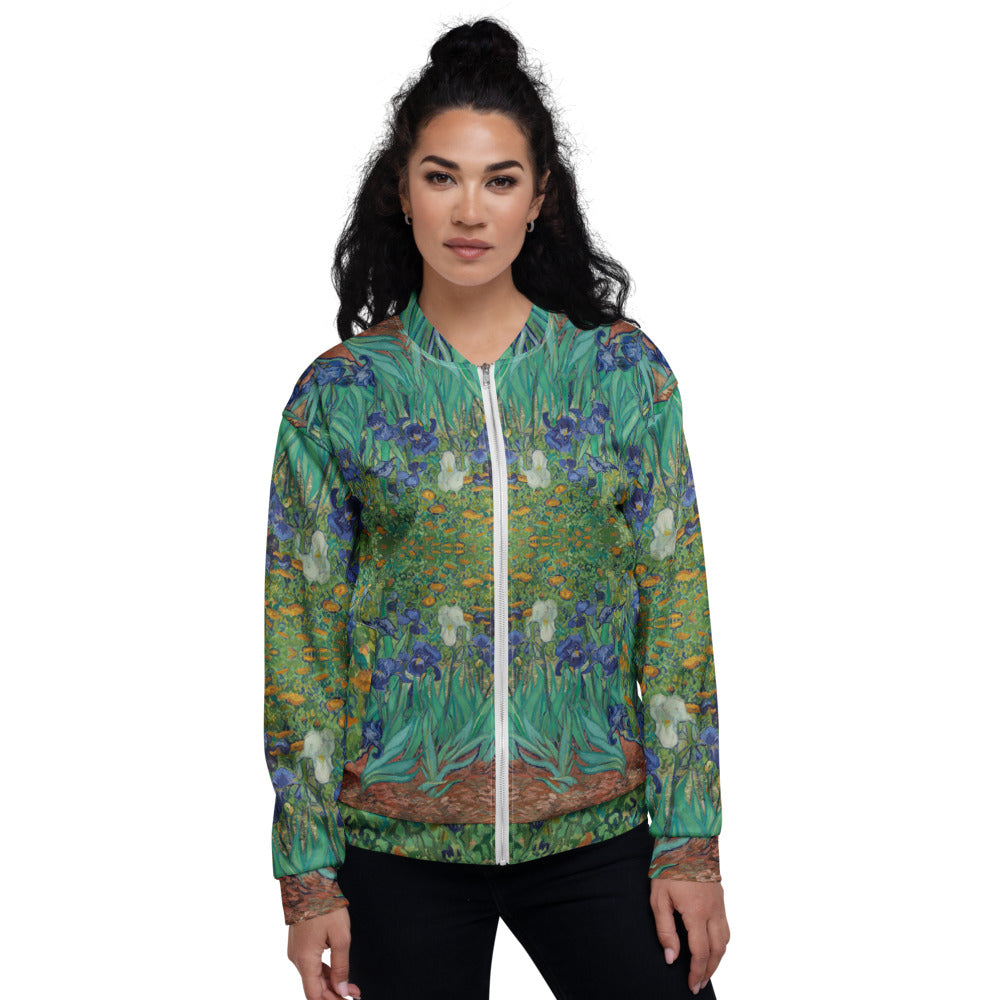 Van Gogh Irises bomber jacket front angle - art print outerwear