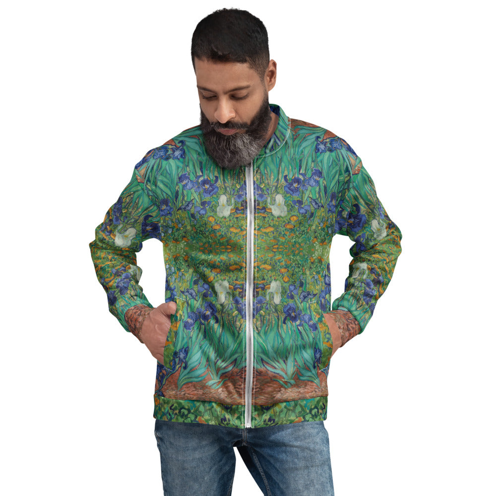 Van Gogh Irises bomber jacket front detail view - sustainable fashion