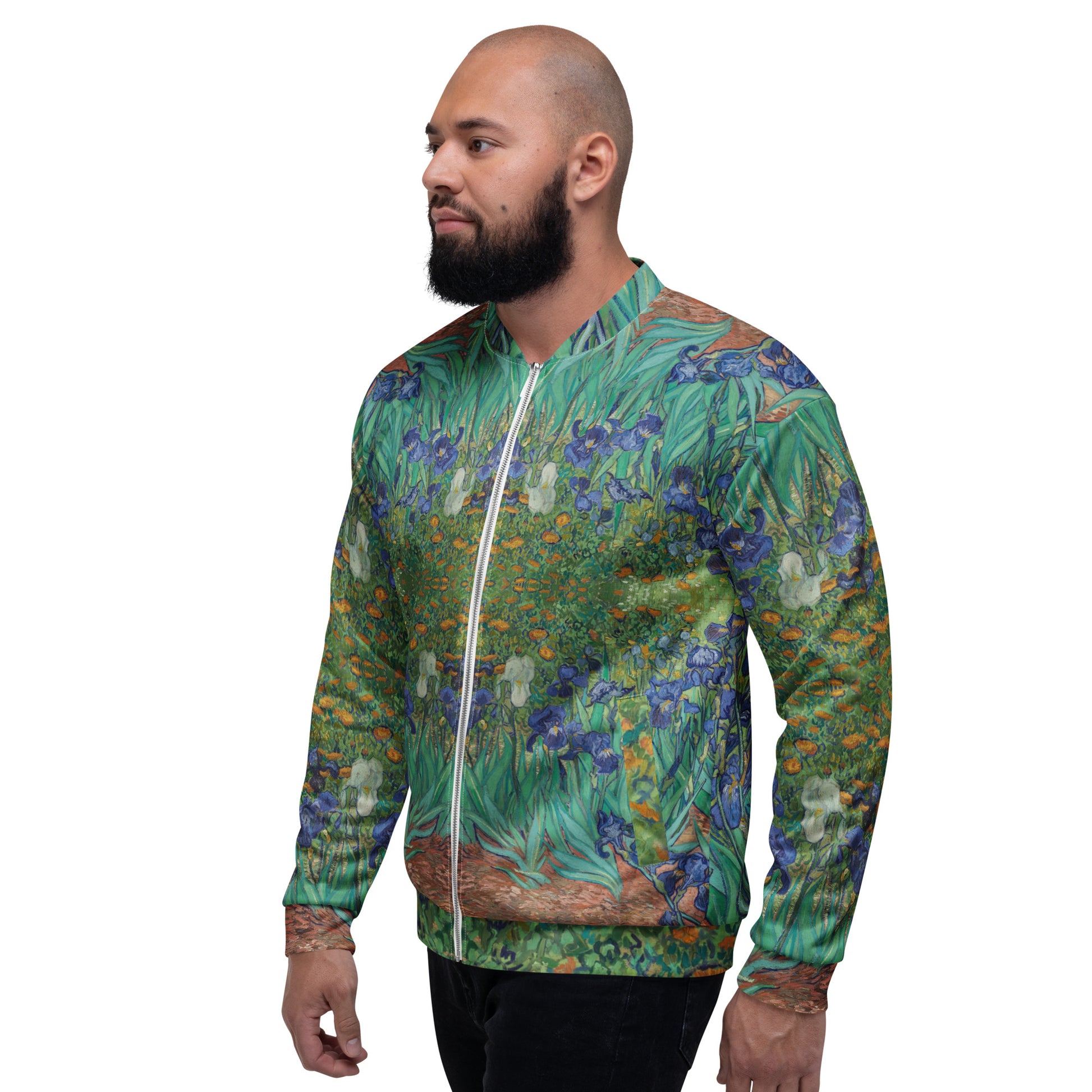 Van Gogh Irises bomber jacket front view - unisex wearable art outerwear