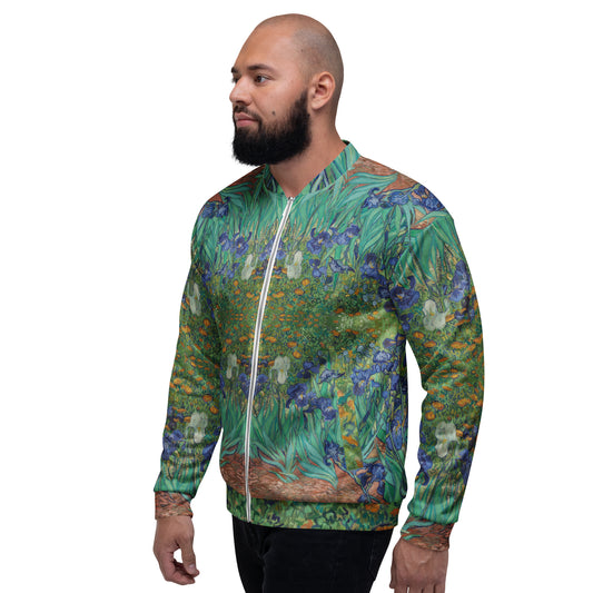 Van Gogh Irises bomber jacket front view - unisex wearable art outerwear