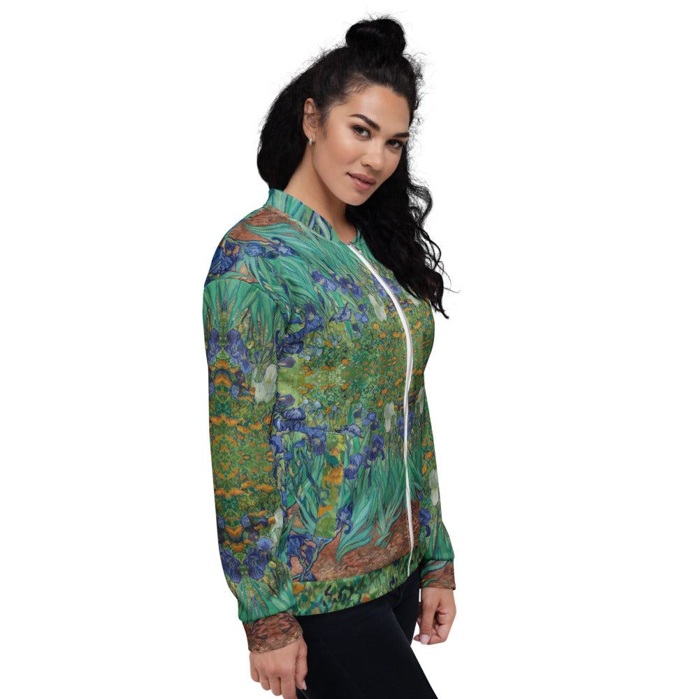 Van Gogh Irises bomber jacket right side view - sustainable outerwear